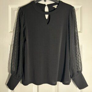 Black Blouse w Sheer, Polka Dot Sleeves